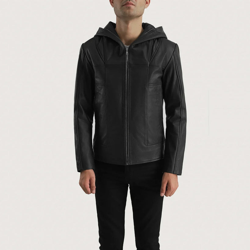 Spratt Preto Hooded Jaqueta de Couro para Homem