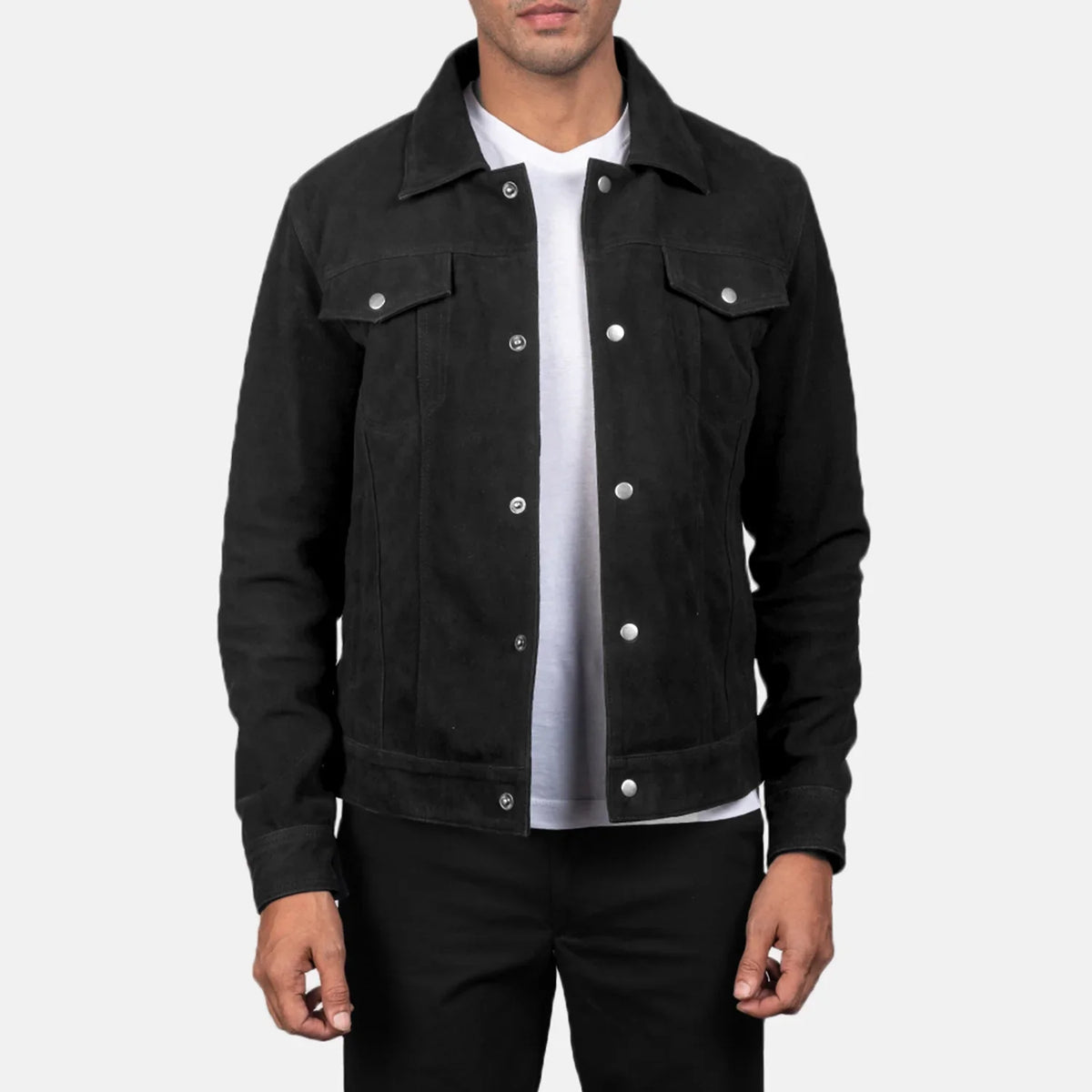 
Stallon Black Suede Jacket in Black Goatskin Suede - Vista frontal e silhueta ajustada | Comprar online