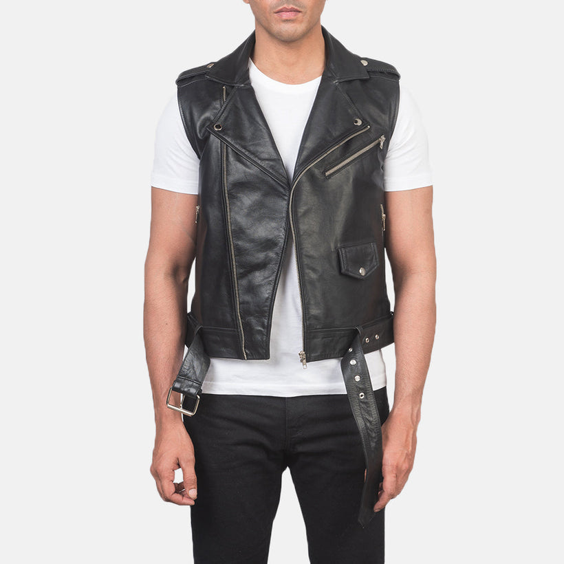 Sullivan Preto Leather Biker Vest para Homem