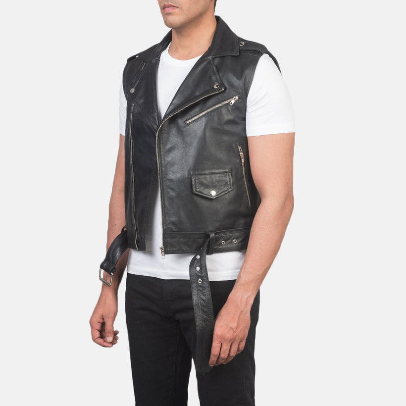 Sullivan Preto Leather Biker Vest para Homem