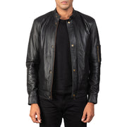 Men's Tea House Preto Blusão Biker de Couro para Homem in Black Sheepskin Leather - Front Profile View &amp; Tailored Silhouette | Buy Online