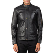 Men's Tea House Preto Blusão Biker de Couro para Homem - Lateral Side Profile View Showing Sleeve Cut &amp; Athletic Taper Fit