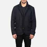 Close-Up Detail of Nehru &amp; Zipper with Dual Puller Hardware on Men's Thomas Preto Wool Blusão de Couro para Homem