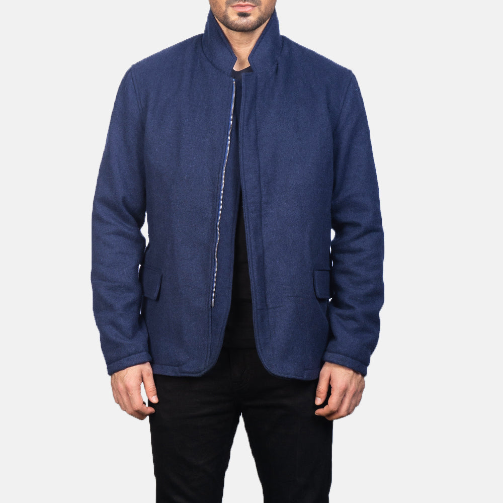 Men's Thomas Azul Wool Blusão de Couro para Homem in Navy Blue Synthetic Wool - Front Profile View &amp; Tailored Silhouette | Buy Online