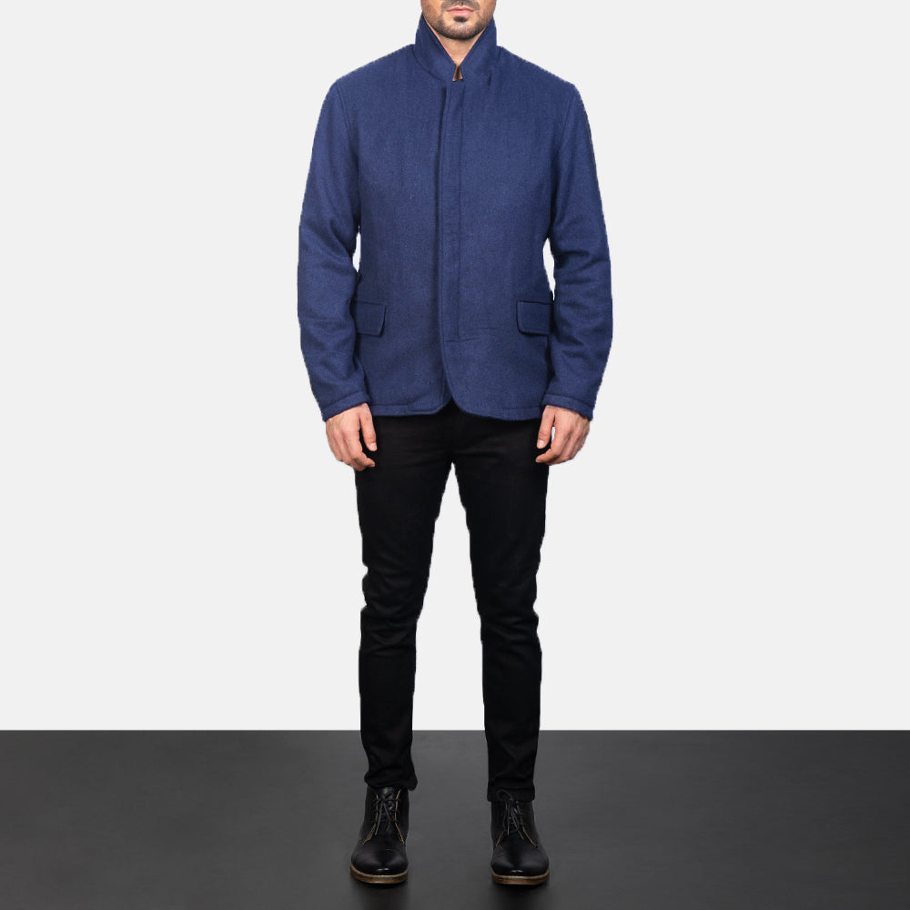Men's Thomas Azul Wool Blusão de Couro para Homem - Lateral Side Profile View Showing Sleeve Cut &amp; Athletic Taper Fit