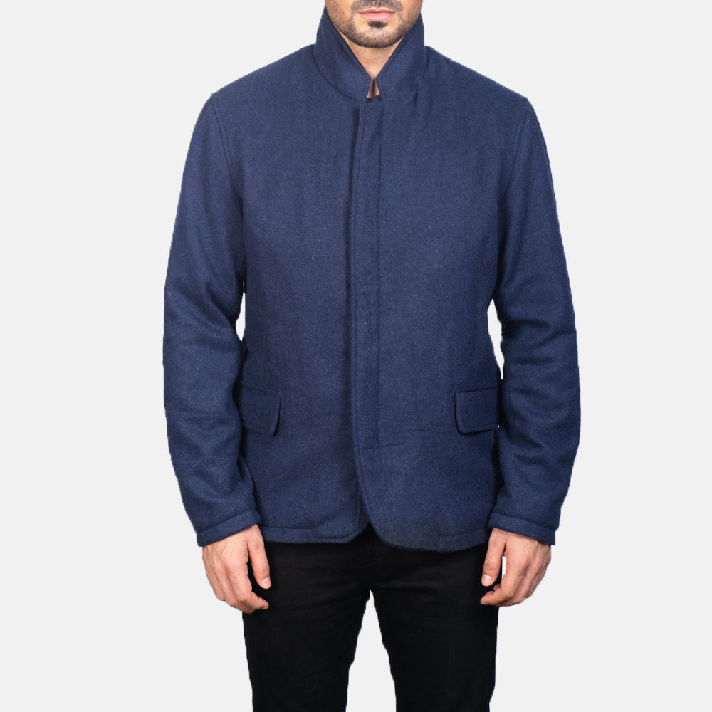 Close-Up Detail of Nehru &amp; Zipper with Dual Puller Hardware on Men's Thomas Azul Wool Blusão de Couro para Homem