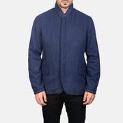 Close-Up Detail of Nehru &amp; Zipper with Dual Puller Hardware on Men's Thomas Azul Wool Blusão de Couro para Homem