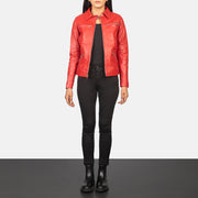 Women's Tomachi Red Leather Jacket - Lateral Side Profile View Showing Sleeve Cut &amp; Athletic Taper Fit