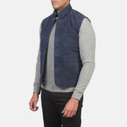 Blue Goatskin Suede Leather Vest - Back View Showing Tailored Shoulder Fit &amp; Clean Hemline