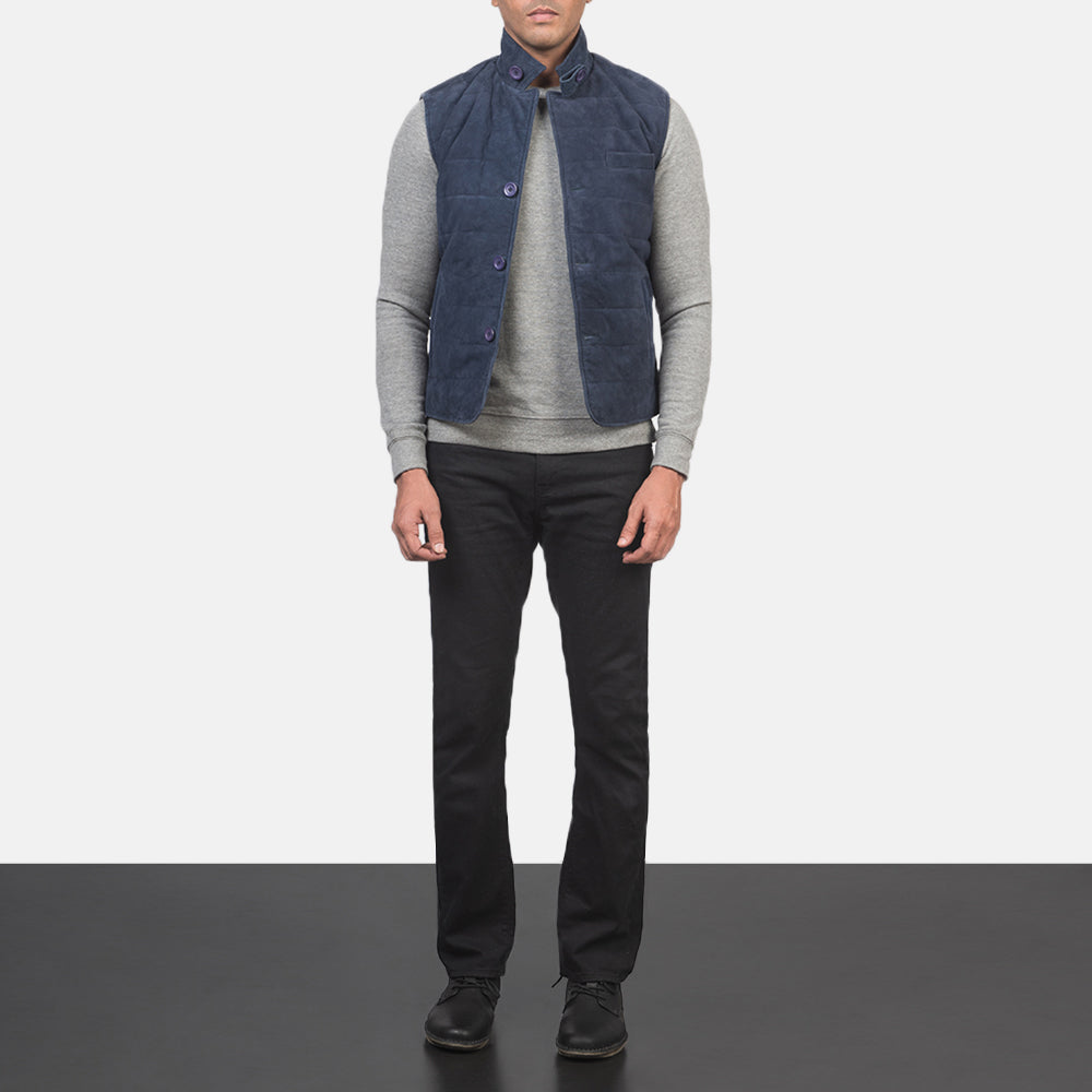 Men's Tony Azul Suede Vest para Homem - Lateral Side Profile View Showing Sleeve Cut &amp; Athletic Taper Fit