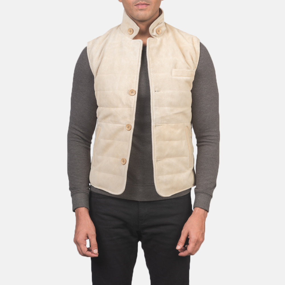 Men's Tony Off-White Suede Vest para Homem in Off-White Goatskin Suede - Front Profile View &amp; Tailored Silhouette | Buy Online