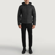 
Tyler Preto Hooded Puffer Jaqueta de Couro para Homem - Vista lateral mostrando o corte ergonómico de mangas