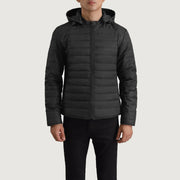 
Vista detalhada of Classic Collar & Zipper Hardware on Tyler Preto Hooded Puffer Jaqueta de Couro para Homem