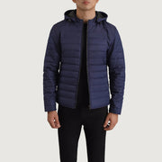 Tyler Azul Hooded Puffer Blusão de Couro para Homem in Blue Full-Grain Leather - Front Profile View &amp; Tailored Silhouette | Buy Online