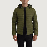 Tyler Verde Hooded Puffer Blusão de Couro para Homem in Green Full-Grain Leather - Front Profile View &amp; Tailored Silhouette | Buy Online