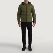 Tyler Verde Hooded Puffer Blusão de Couro para Homem - Lateral Side Profile View Showing Sleeve Cut &amp; Athletic Taper Fit