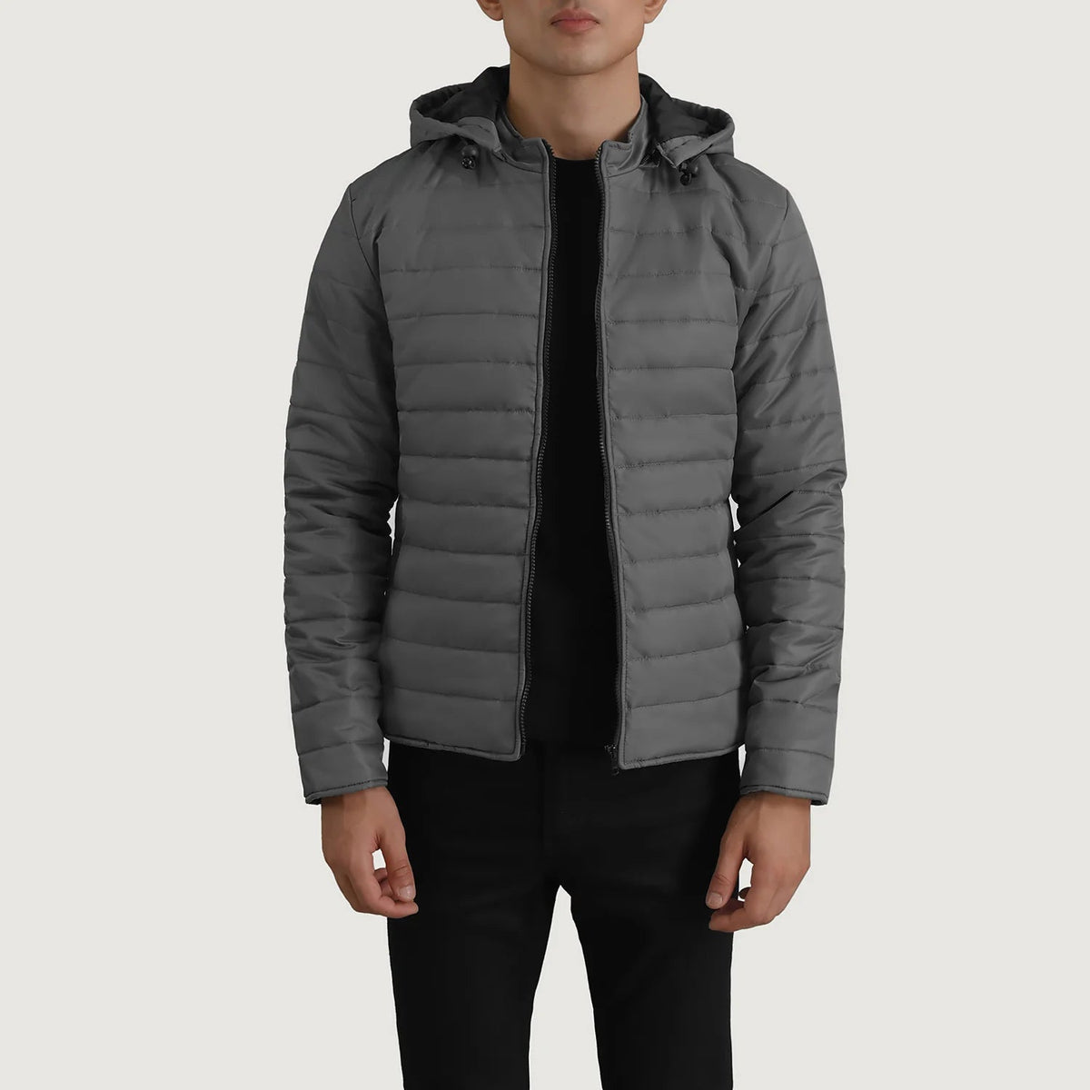 Tyler Grey Hooded Puffer Blusão de Couro para Homem in Grey Full-Grain Leather - Front Profile View &amp; Tailored Silhouette | Buy Online