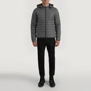 Tyler Grey Hooded Puffer Blusão de Couro para Homem - Lateral Side Profile View Showing Sleeve Cut &amp; Athletic Taper Fit