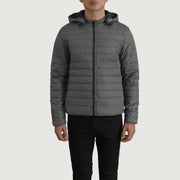Close-Up Detail of Classic Collar &amp; Zipper Hardware on Tyler Grey Hooded Puffer Blusão de Couro para Homem