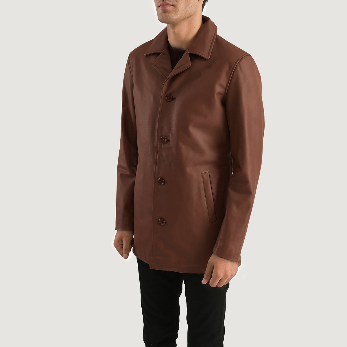 
Brown Cowhide leather Coat - Vista traseira com ombros definidos e bainha impecável