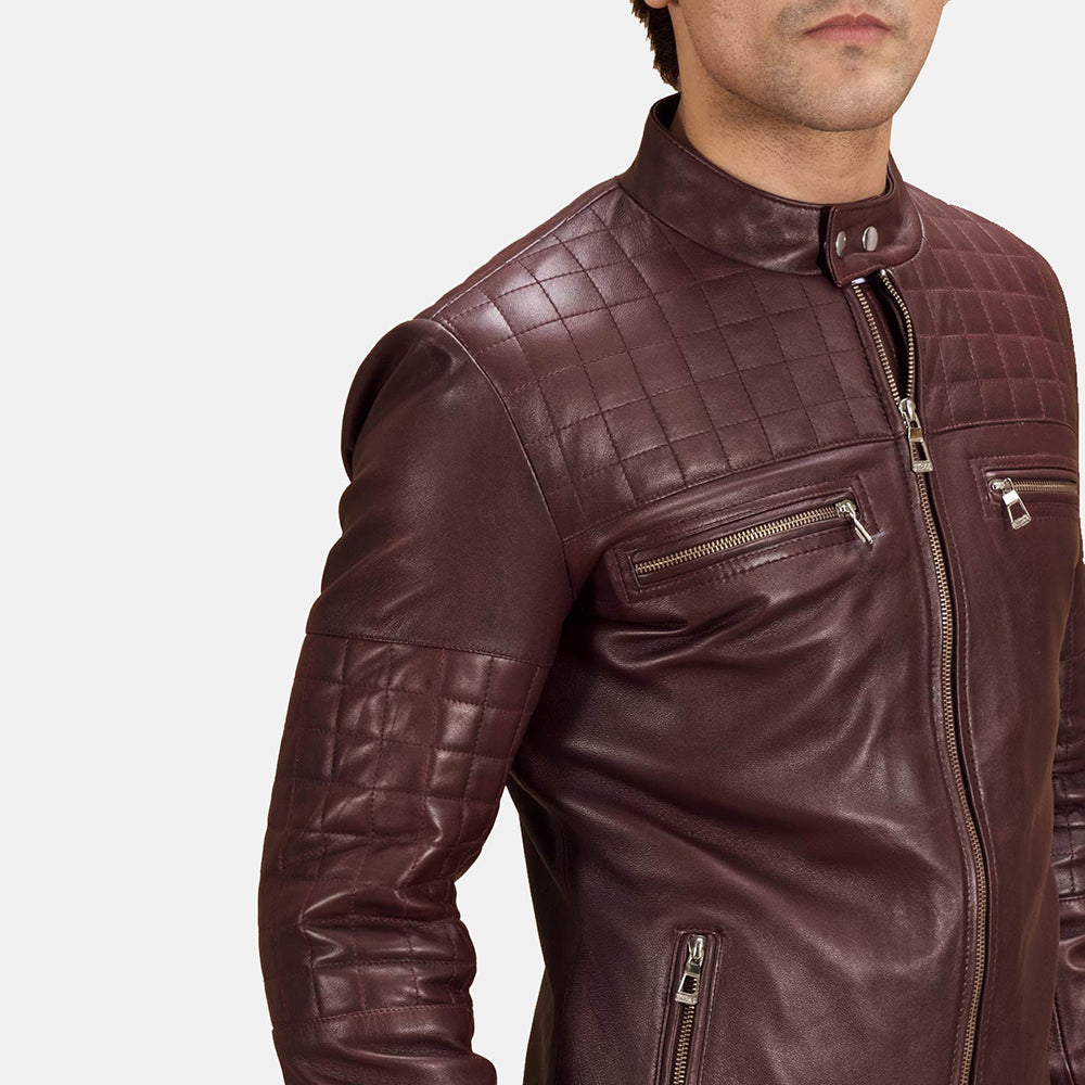 Urbane Acolchoado Bordô Blusão Biker de Couro para Homem - Lateral Side Profile View Showing Sleeve Cut &amp; Athletic Taper Fit