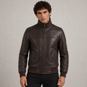 Dark Castanho Sheepskin Blusão Bomber de Couro para Homem in Dark Brown Authentic Sheepskin &amp;Amp; Shearling - Front Profile View &amp; Tailored Silhouette | Buy Online