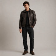 Dark Castanho Sheepskin Blusão Bomber de Couro para Homem - Lateral Side Profile View Showing Sleeve Cut &amp; Athletic Taper Fit