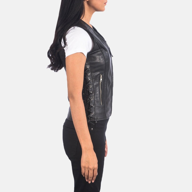 Vanda Preto Leather Biker Vest para Mulher