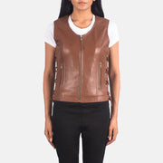 Women's Vanda Castanho Leather Biker Vest para Mulher in Brown Sheepskin Leather - Front Profile View &amp; Tailored Silhouette | Buy Online