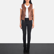 Women's Vanda Castanho Leather Biker Vest para Mulher - Lateral Side Profile View Showing Sleeve Cut &amp; Athletic Taper Fit
