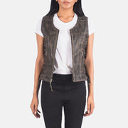 
Vanda Distressed Castanho Leather Biker Vest para Mulher in Distressed Brown Goatskin Leather - Vista frontal e silhueta ajustada | Comprar online