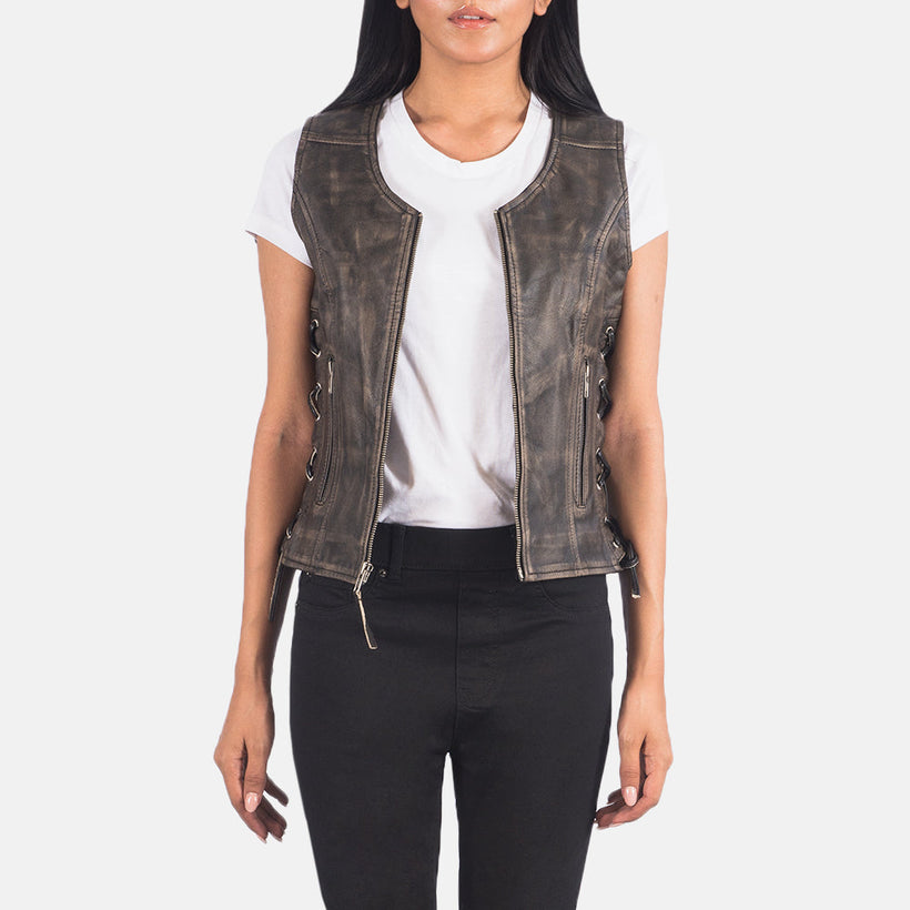 Vanda Distressed Castanho Leather Biker Vest para Mulher