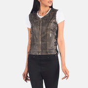 
Vista detalhada of V-neck & Zipper Hardware on Vanda Distressed Castanho Leather Biker Vest para Mulher
