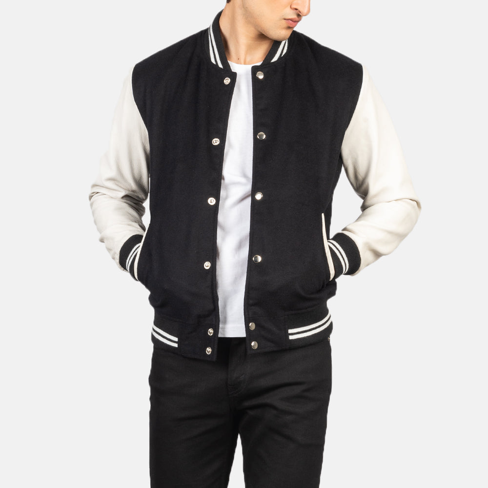 Men's Vaxton Preto &amp; White Hybrid Varsity Blusão de Couro para Homem in Black &amp; White Sheepskin Leather - Front Profile View &amp; Tailored Silhouette | Buy Online