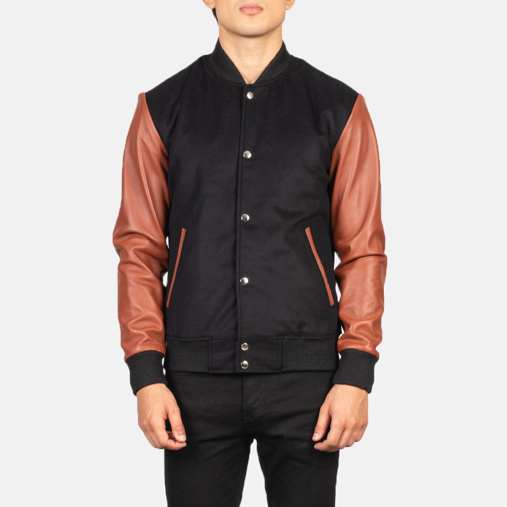 
Vista detalhada of Varsity & Snap Buttons Hardware on Vaxton Brown Hybrid Varsity Jacket