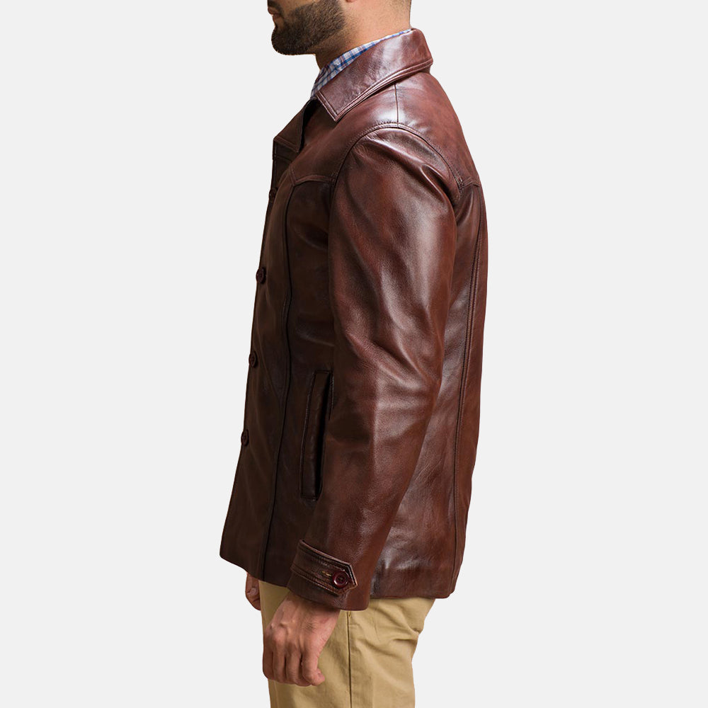 
Vista detalhada of Notch & Button Hardware on Vincent Alley Castanho Jaqueta de Couro para Homem