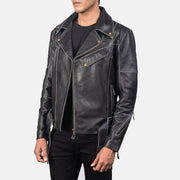 Distressed Vincent Preto Blusão Biker de Couro para Homem - Back View Showing Tailored Shoulder Fit &amp; Clean Hemline