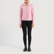 
Vixen Pink Classic Collar Leather Jacket - Vista lateral mostrando o corte ergonómico de mangas