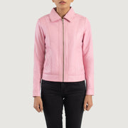 
Pormenor do colarinho e fecho metálico em Vixen Pink Classic Collar Leather Jacket