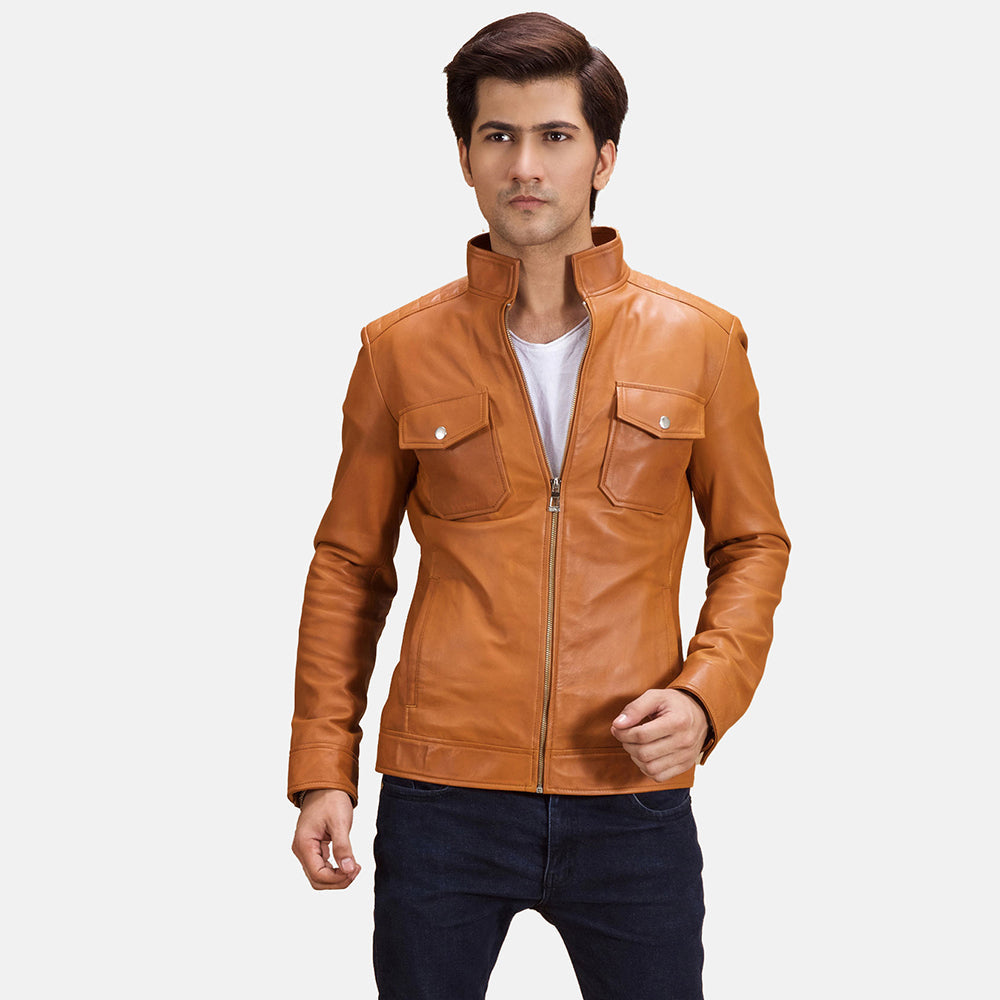 
Voltex Caramelo Jaqueta Biker de Couro para Homem in Tan Brown Sheepskin Leather - Vista frontal e silhueta ajustada | Comprar online