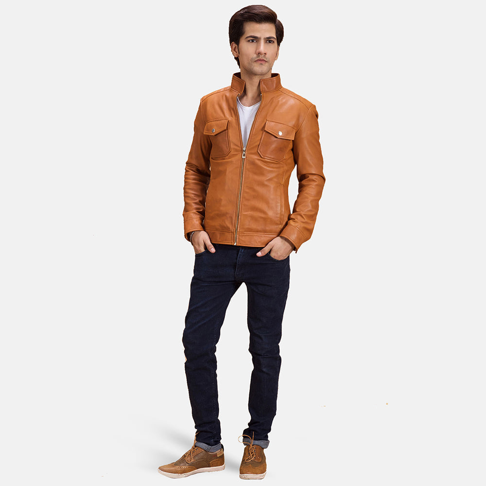 
Voltex Caramelo Jaqueta Biker de Couro para Homem - Vista lateral mostrando o corte ergonómico de mangas