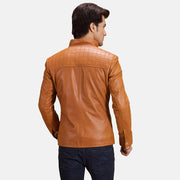 
Vista detalhada of Notch & Zipper Hardware on Voltex Caramelo Jaqueta Biker de Couro para Homem