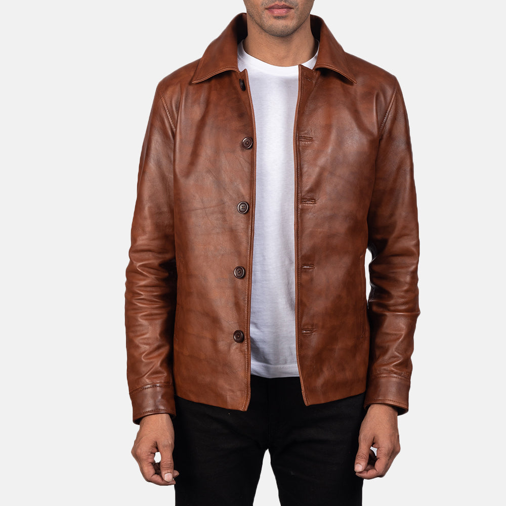 Waffle Castanho Blusão de Couro para Homem in Distressed Brown Sheepskin Burnishing - Front Profile View &amp; Tailored Silhouette | Buy Online