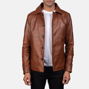 Waffle Castanho Blusão de Couro para Homem in Distressed Brown Sheepskin Burnishing - Front Profile View &amp; Tailored Silhouette | Buy Online