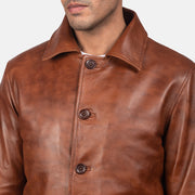 Waffle Castanho Blusão de Couro para Homem - Lateral Side Profile View Showing Sleeve Cut &amp; Athletic Taper Fit