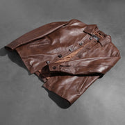 Buttoned &amp; Hem Craftsmanship Construction Detail on Waffle Castanho Blusão de Couro para Homem