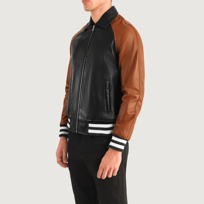 Blue Sheepskin Leather Varsity Jacket - Back View Showing Tailored Shoulder Fit & Clean Hemline