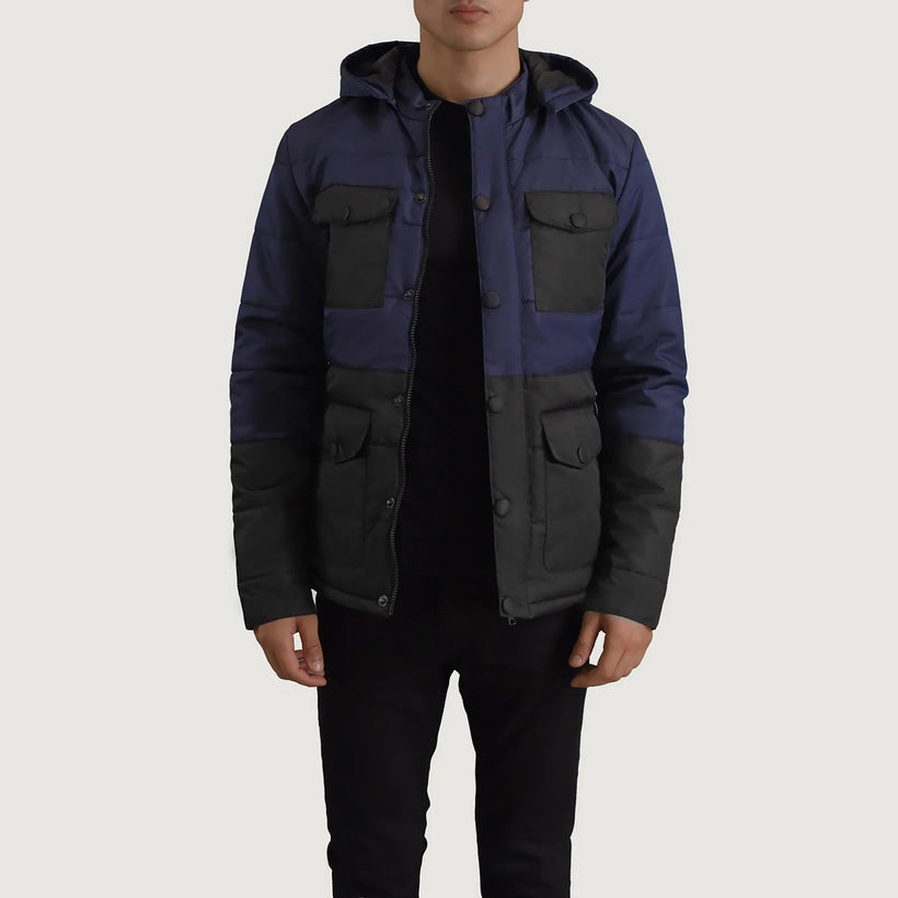 Wayne Preto & Azul Hooded Puffer Jaqueta de Couro para Homem