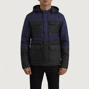 
Vista detalhada of Classic Collar & Heavy-Duty Zipper Hardware on Wayne Preto & Azul Hooded Puffer Jaqueta de Couro para Homem