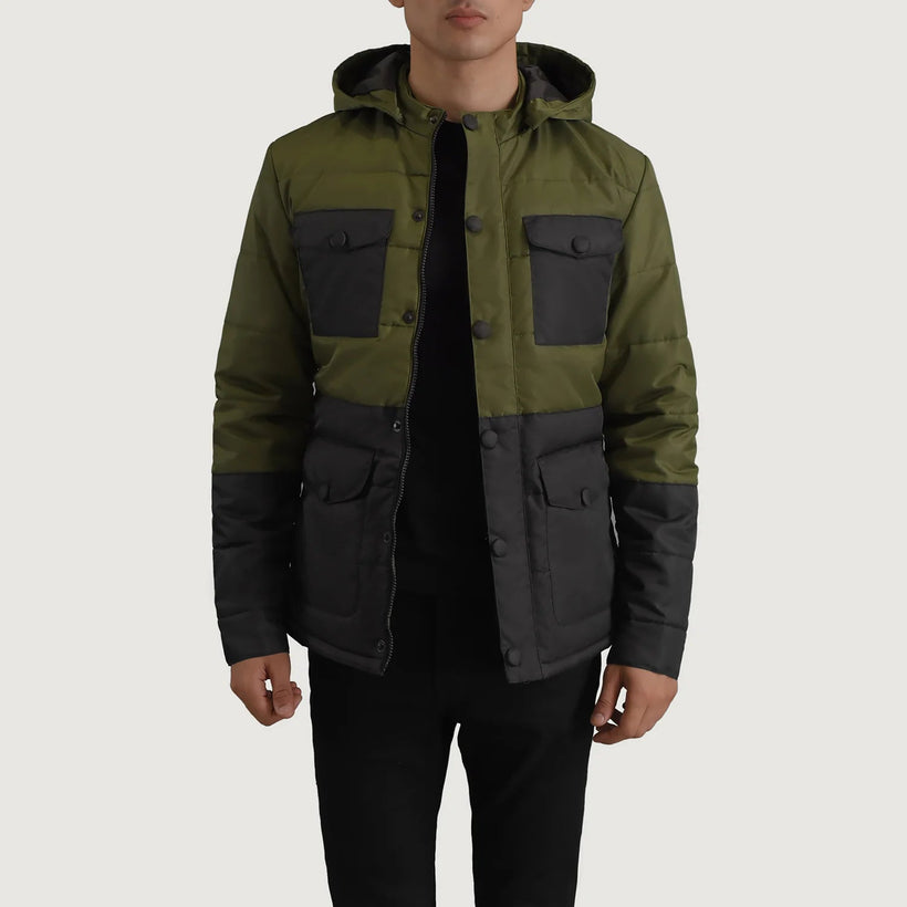 Wayne Preto & Verde Hooded Puffer Jaqueta de Couro para Homem